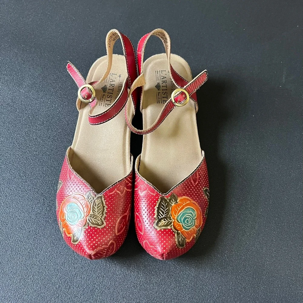 L'Artiste Lizzie-Rose Red Floral Leather Wedge Sandals 41 US 9.5-10 Boho Artsy